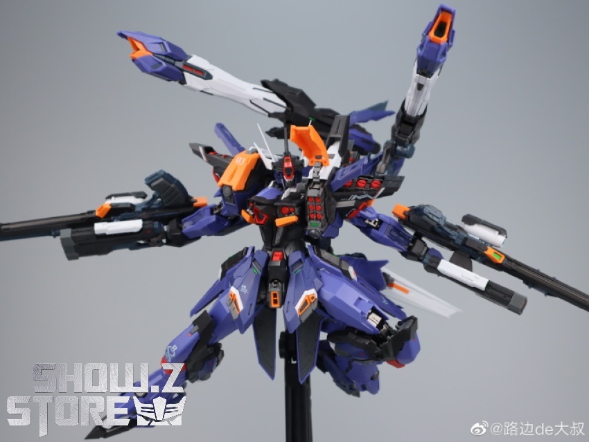 Detailed view of armored robot torso with red chest plate and blue frame components Detailed view of armored robot torso with red chest plate and blue frame components