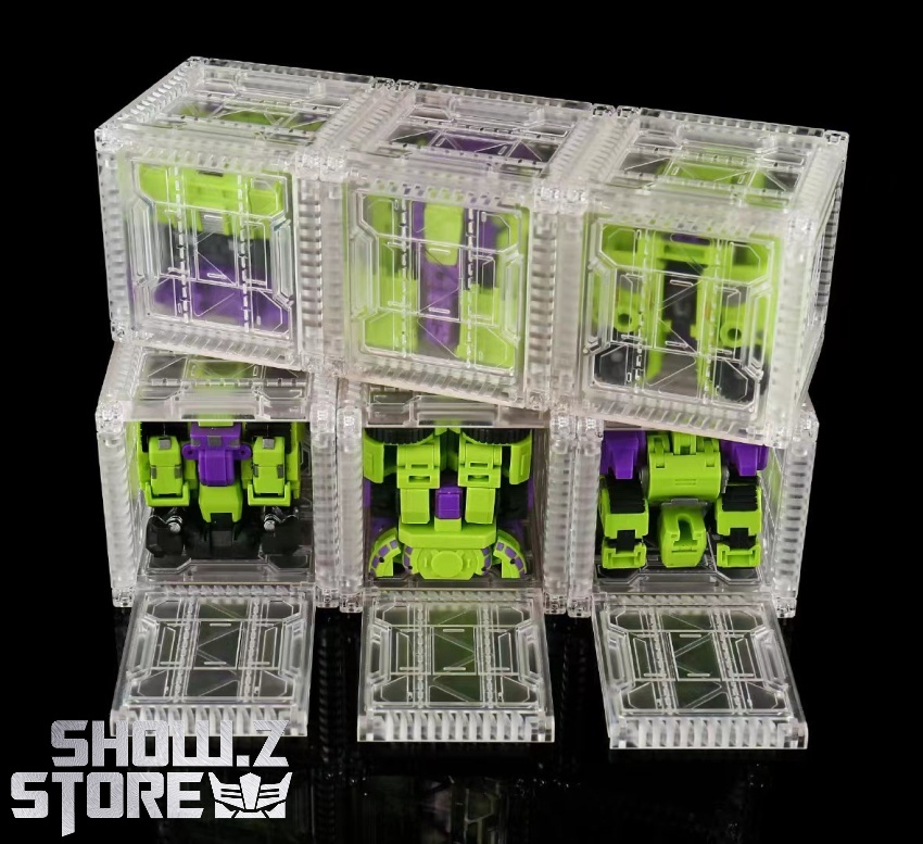 Clear display case showing three lime purple Riki-Oh Devastator robot components Clear display case showing three lime purple Riki-Oh Devastator robot components