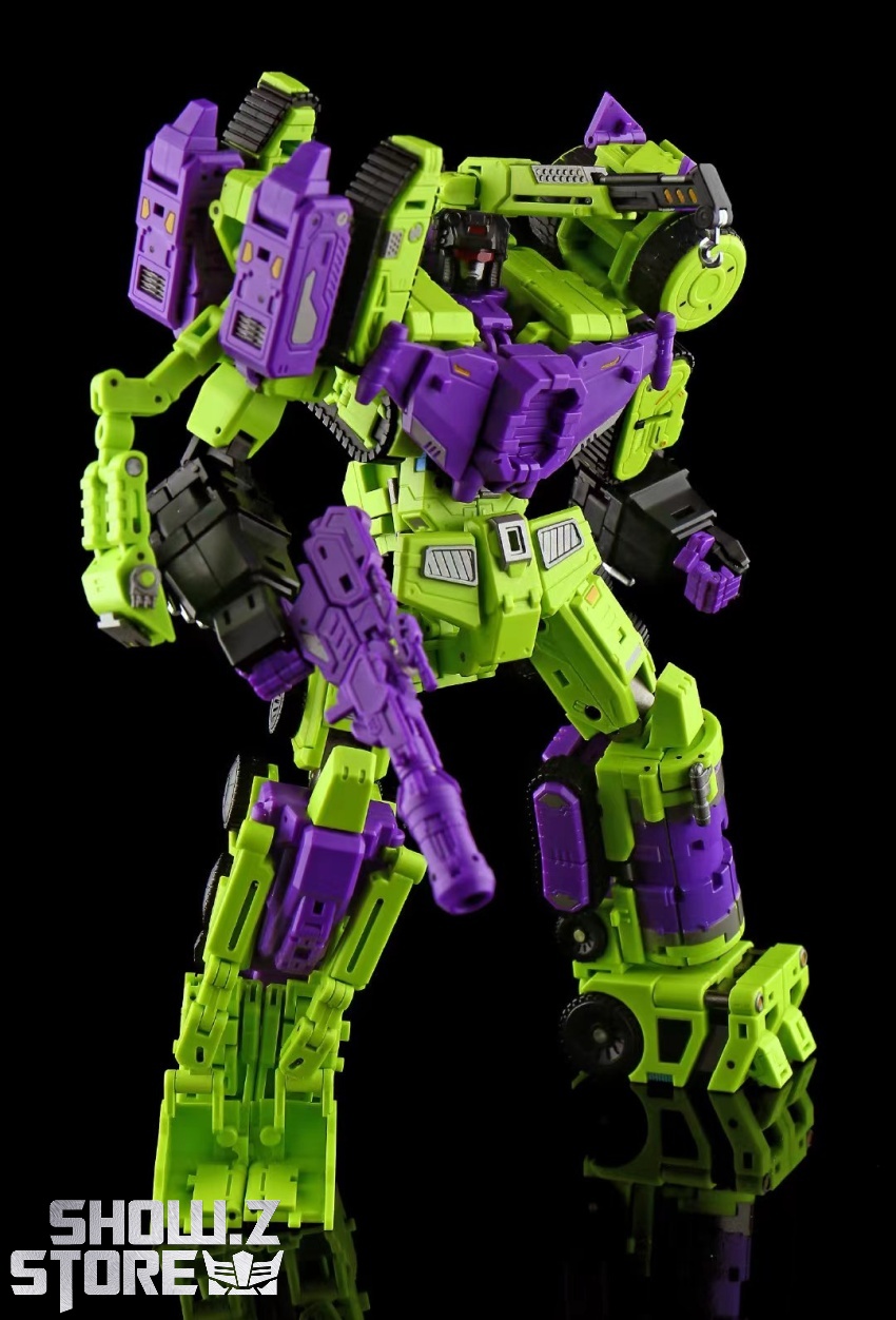 Neon green purple Lucky Cat Devastator robot figure in articulated pose Neon green purple Lucky Cat Devastator robot figure in articulated pose