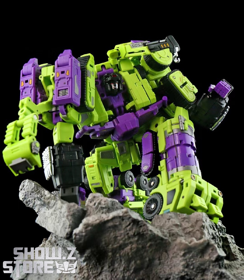 Lime green purple MC-02 Riki-Oh Devastator transforming robot on rocky base Lime green purple MC-02 Riki-Oh Devastator transforming robot on rocky base