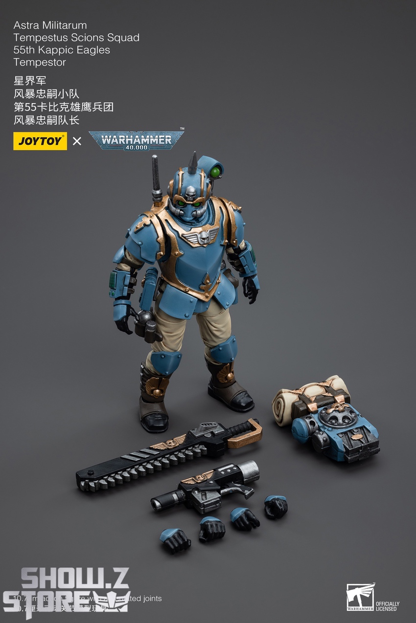 Astra Militarum trooper in detailed blue armor suit with interchangeable weapon accessories visible Astra Militarum trooper in detailed blue armor suit with interchangeable weapon accessories visible