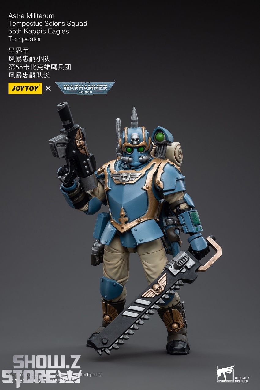 Tempestus Scion figure displayed with multiple weapon options and detailed armor plating shown Tempestus Scion figure displayed with multiple weapon options and detailed armor plating shown