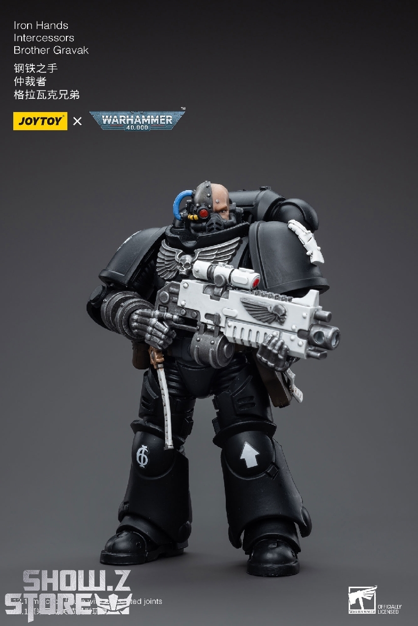 Black armored Iron Hands Intercessor Brother Gravak with bolter rifle Black armored Iron Hands Intercessor Brother Gravak with bolter rifle
