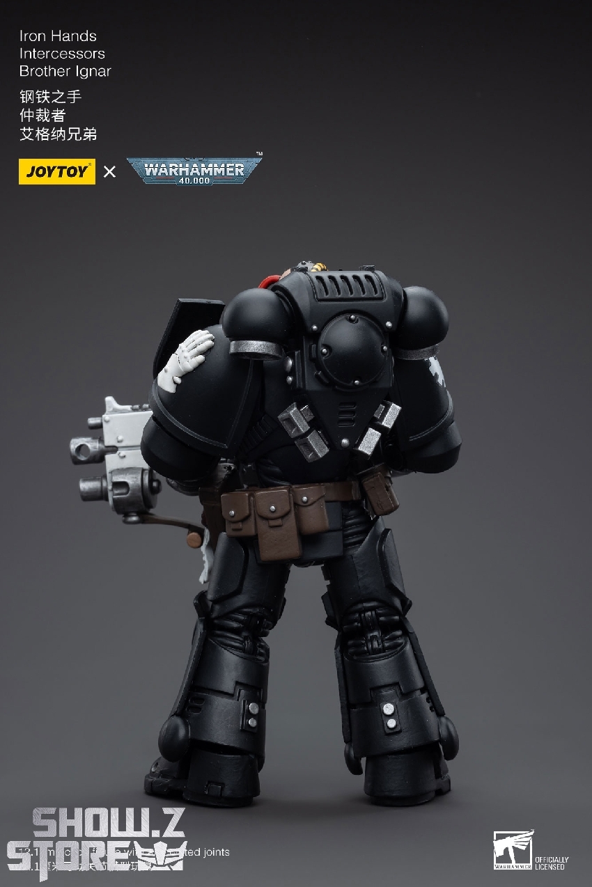 JoyToy 1/18 Iron Hands Intercessors Brother back view showing armor details JoyToy 1/18 Iron Hands Intercessors Brother back view showing armor details