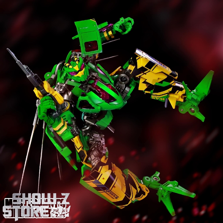 Waspinator green yellow robot mid-action pose with glowing effects Waspinator green yellow robot mid-action pose with glowing effects