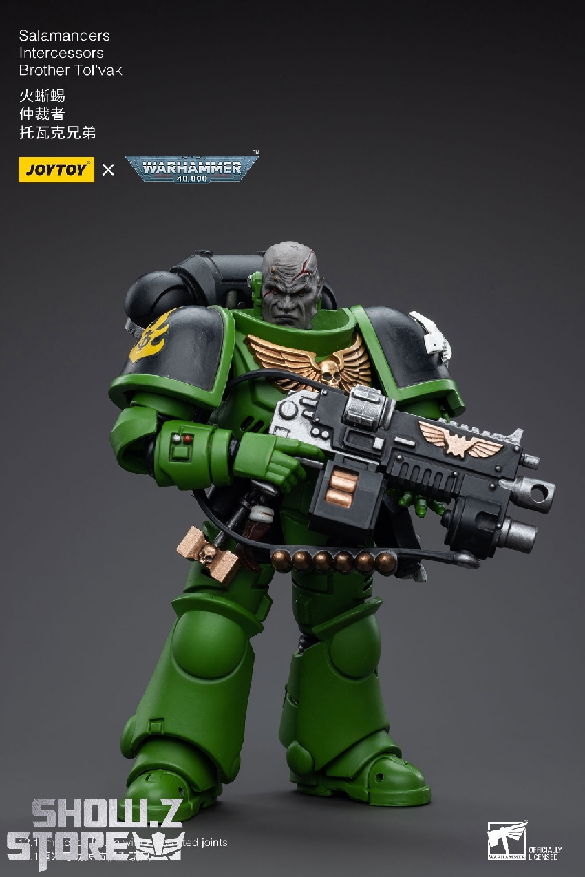 JoyToy 1/18 Salamanders Intercessors Brother Tolvak wielding plasma rifle weapon JoyToy 1/18 Salamanders Intercessors Brother Tolvak wielding plasma rifle weapon