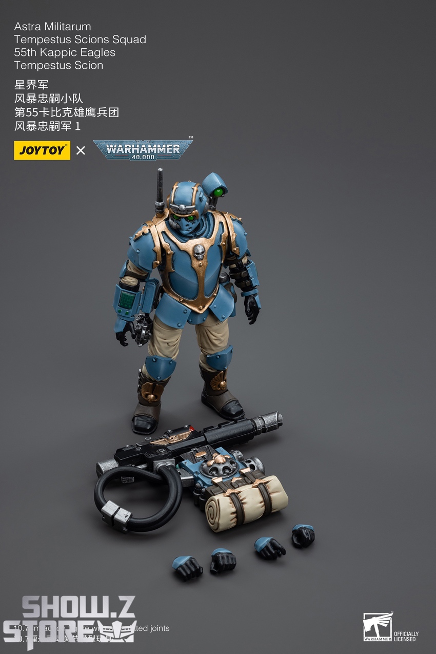 JoyToy Warhammer 40K Tempestus Scion trooper in blue armor aiming heavy weapons in action pose JoyToy Warhammer 40K Tempestus Scion trooper in blue armor aiming heavy weapons in action pose