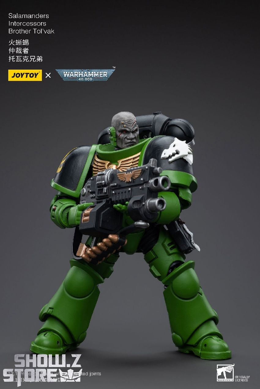 JoyToy 1/18 Salamanders Intercessors Brother Tolvak back view with equipment JoyToy 1/18 Salamanders Intercessors Brother Tolvak back view with equipment