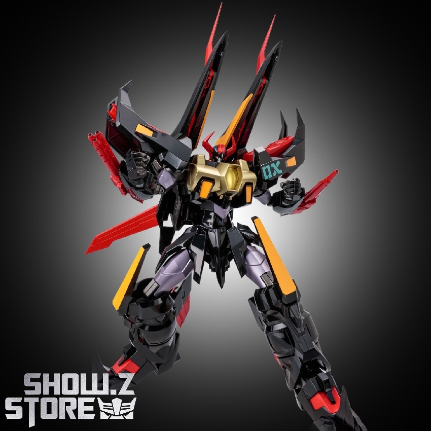 Tetsujin 28 FX robot from front view showing detailed black armor and crimson accents Tetsujin 28 FX robot from front view showing detailed black armor and crimson accents