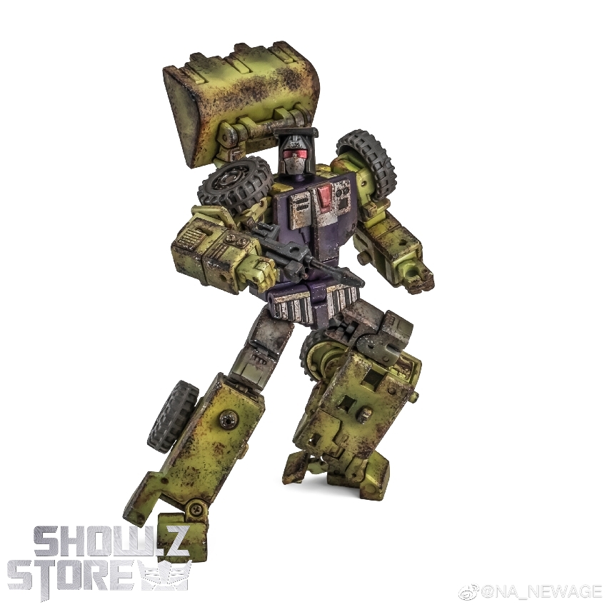 Damaged yellow purple robot with blocky form and heavy machinery styling Damaged yellow purple robot with blocky form and heavy machinery styling