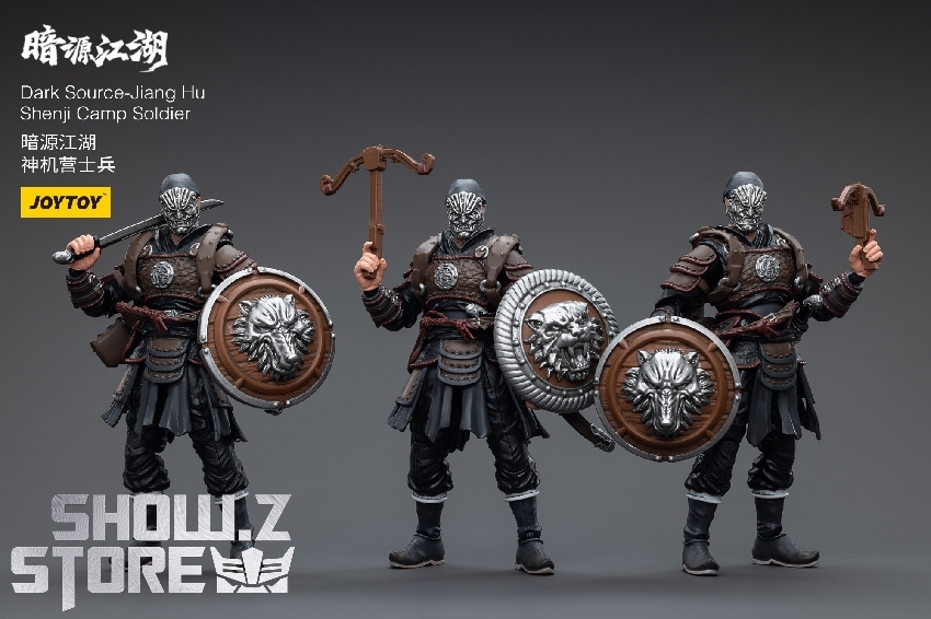 JoyToy Shenji Camp Soldier three figure comparison showing different shield and weapon carrying configurations JoyToy Shenji Camp Soldier three figure comparison showing different shield and weapon carrying configurations