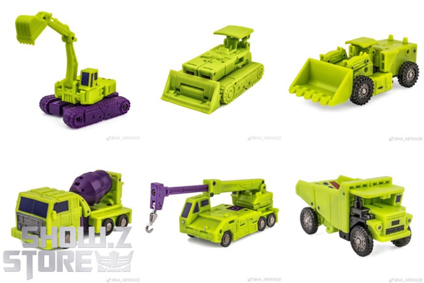 Six yellow and purple construction vehicle robots in individual vehicle forms Six yellow and purple construction vehicle robots in individual vehicle forms