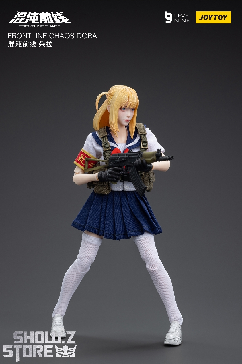 Dora character with blonde twin-tail hairstyle in blue school uniform and vest Dora character with blonde twin-tail hairstyle in blue school uniform and vest