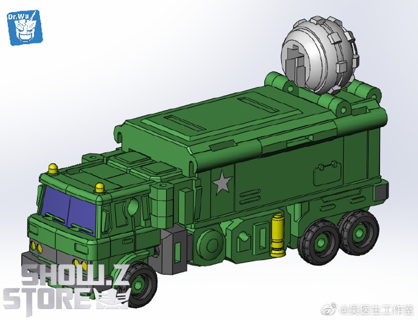 Green military truck with yellow accents and large round radar dish on top Green military truck with yellow accents and large round radar dish on top
