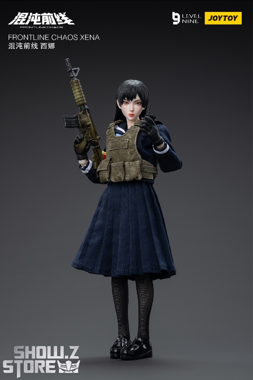 Xena holding large assault rifle in combat-ready stance with tactical equipment Xena holding large assault rifle in combat-ready stance with tactical equipment