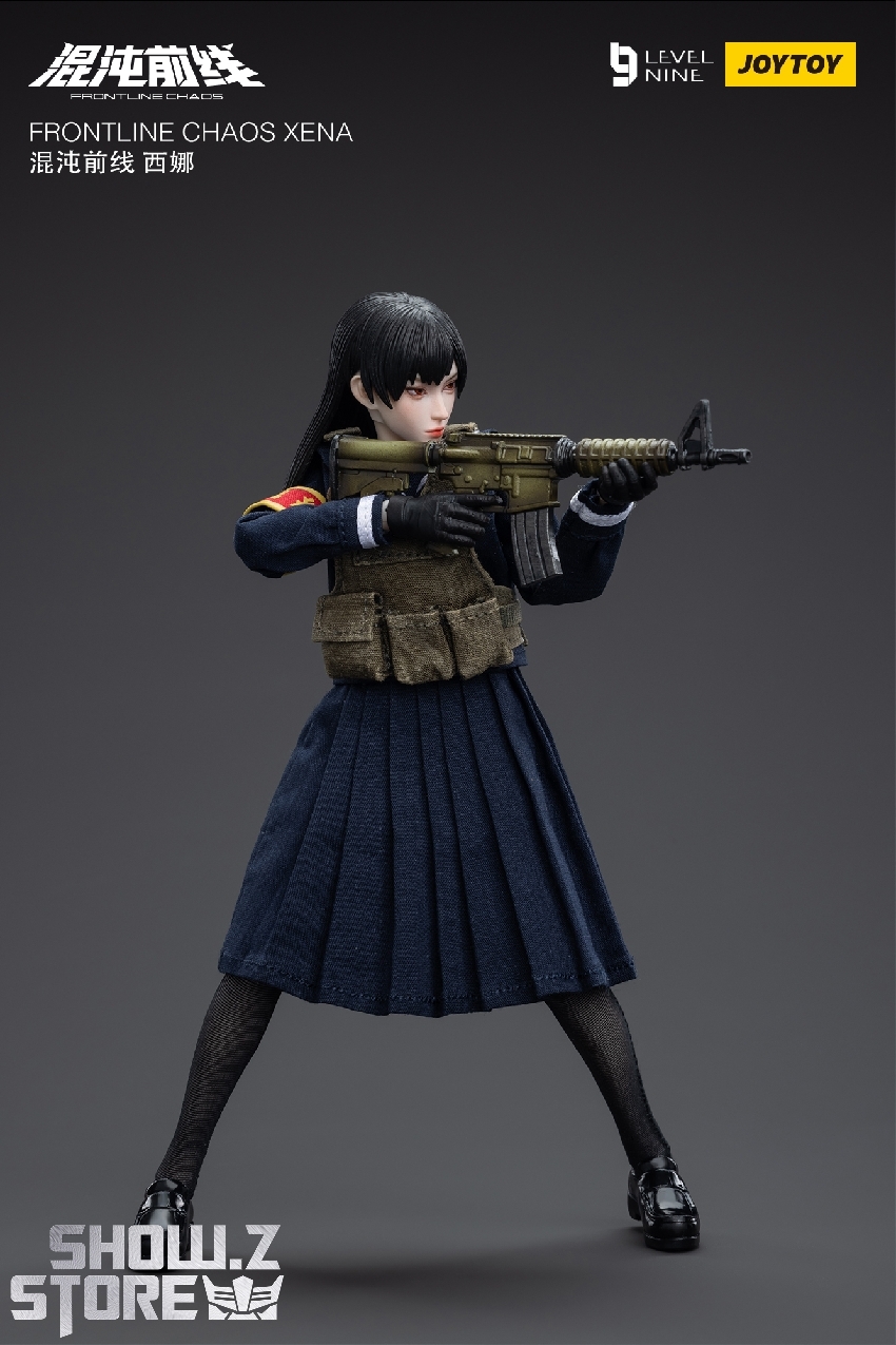 Xena without weapons in modified blue naval-style uniform with collar showing Xena without weapons in modified blue naval-style uniform with collar showing