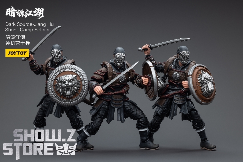 JoyToy Shenji Camp Soldier figure displaying leather shield with metallic finish and long melee weapon JoyToy Shenji Camp Soldier figure displaying leather shield with metallic finish and long melee weapon