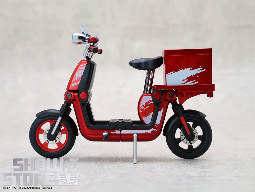 Side view of red delivery scooter with black seat and cargo storage box detailed design Side view of red delivery scooter with black seat and cargo storage box detailed design