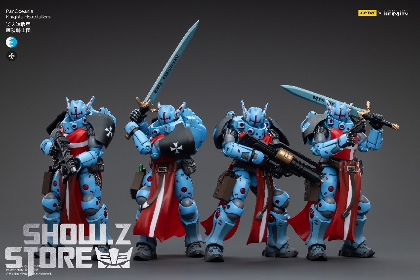 Multiple angle views of armored PanOceania Knights Hospitallers action figures Multiple angle views of armored PanOceania Knights Hospitallers action figures