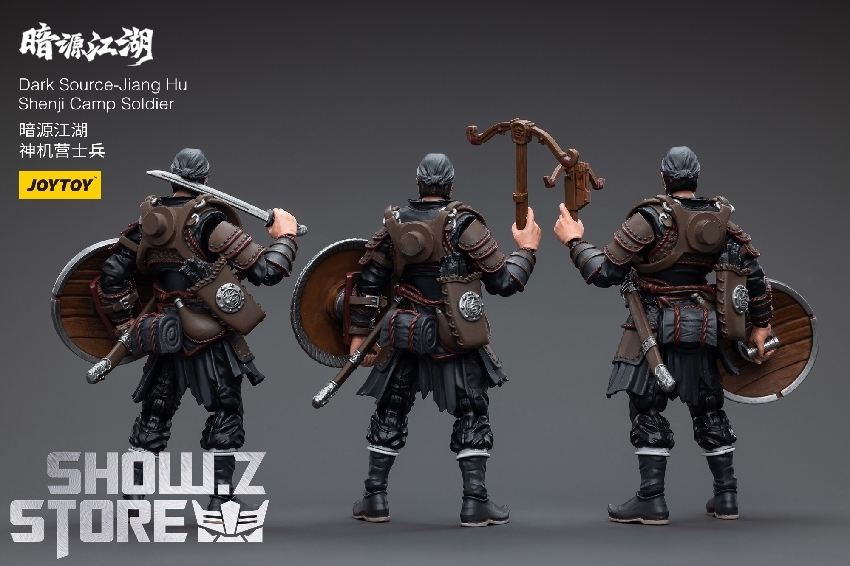 JoyToy Dark Source Jianghu Shenji Camp Soldier with decorative wooden shield and brown armor metal accents JoyToy Dark Source Jianghu Shenji Camp Soldier with decorative wooden shield and brown armor metal accents