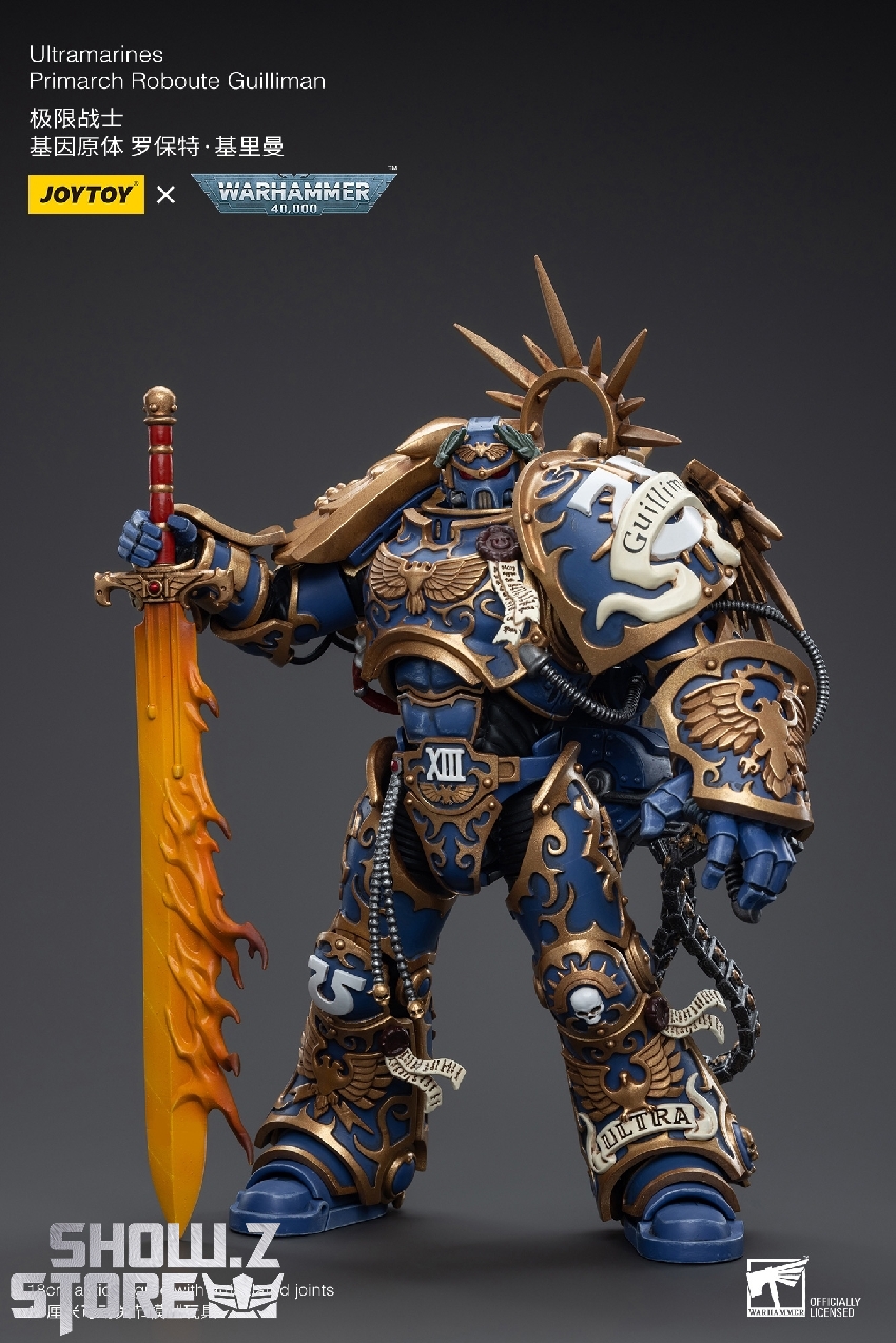 Articulated Warhammer 40K Ultramarines toy with ornate golden details Articulated Warhammer 40K Ultramarines toy with ornate golden details