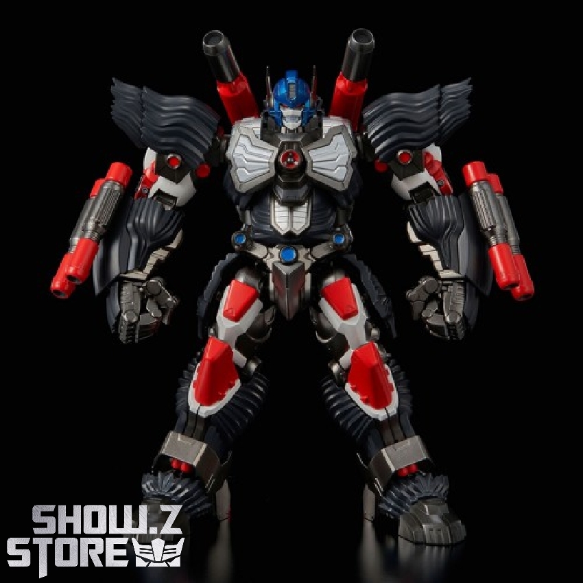 Flame Toys Furai articulated robot model showing detailed red and blue color scheme Flame Toys Furai articulated robot model showing detailed red and blue color scheme