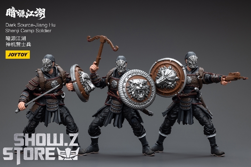 JoyToy Shenji Camp Soldier action figure with bronze round shield and tactical axe blade from multiple angles JoyToy Shenji Camp Soldier action figure with bronze round shield and tactical axe blade from multiple angles
