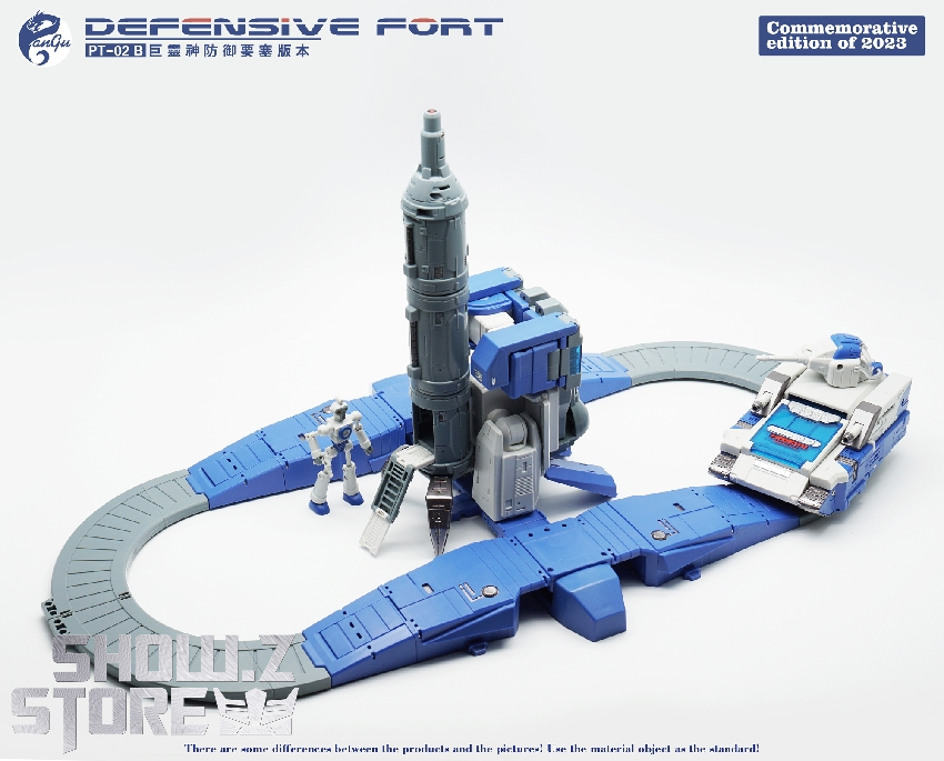 Blue fortress structure showing main command tower and surrounding walls Blue fortress structure showing main command tower and surrounding walls
