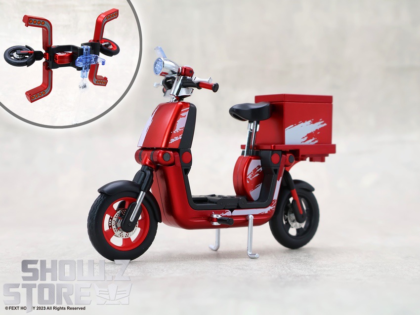 Red and black scooter model with extended handlebar transformation and small blue rotor attachment Red and black scooter model with extended handlebar transformation and small blue rotor attachment