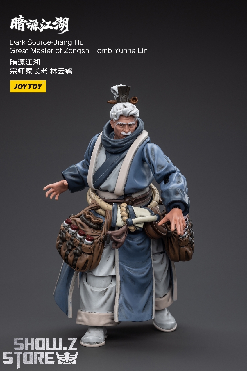 Older male warrior in blue robes with white hair holding dual hand weapon parts Older male warrior in blue robes with white hair holding dual hand weapon parts