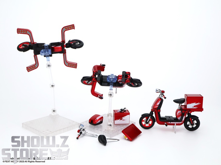 Complete transformation set showing scooter bike and helicopter modes with all accessories included Complete transformation set showing scooter bike and helicopter modes with all accessories included