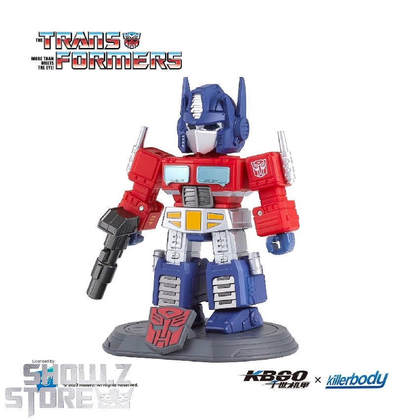 Optimus Prime standing upright with extended arms holding weapons in combat stance Optimus Prime standing upright with extended arms holding weapons in combat stance
