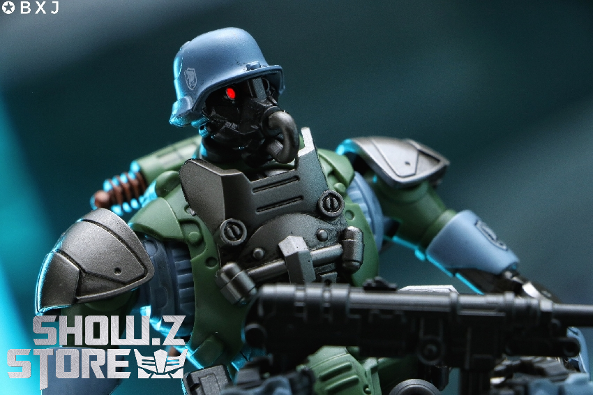 Vulture figure blue armor rifle weapon side angle view display Vulture figure blue armor rifle weapon side angle view display