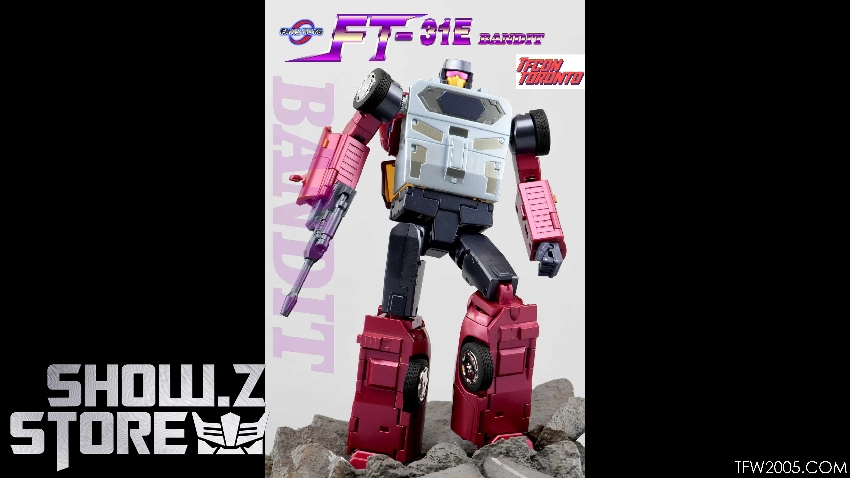 Red and white robot with extended armaments shown Red and white robot with extended armaments shown