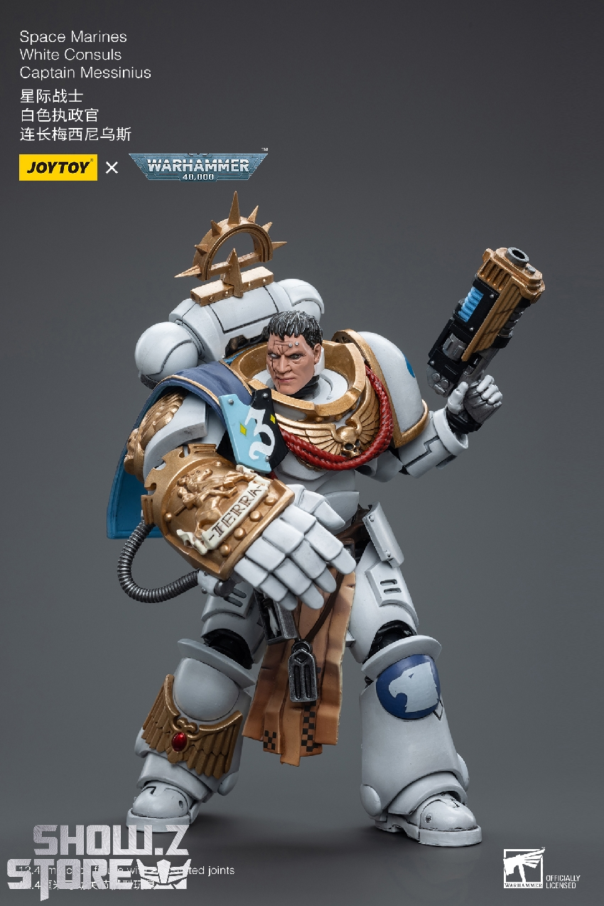 Space Marine figure displaying weapon configuration and multiple accessories Space Marine figure displaying weapon configuration and multiple accessories
