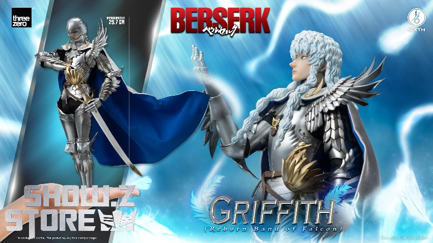 Threezero Berserk Griffith white armored warrior with sword and dark atmospheric background Threezero Berserk Griffith white armored warrior with sword and dark atmospheric background