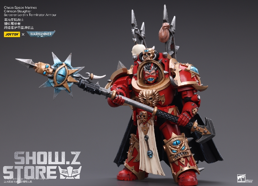 Side profile view of JoyToy Warhammer 40K Chaos Marine displaying intricate armor detailing Side profile view of JoyToy Warhammer 40K Chaos Marine displaying intricate armor detailing