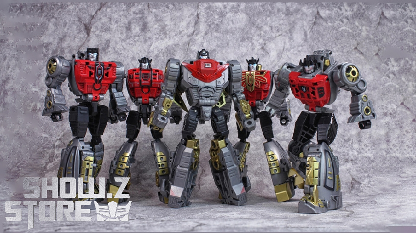 Multiple red black and gold mechanical beast robots assembled together showing combination abilities Multiple red black and gold mechanical beast robots assembled together showing combination abilities
