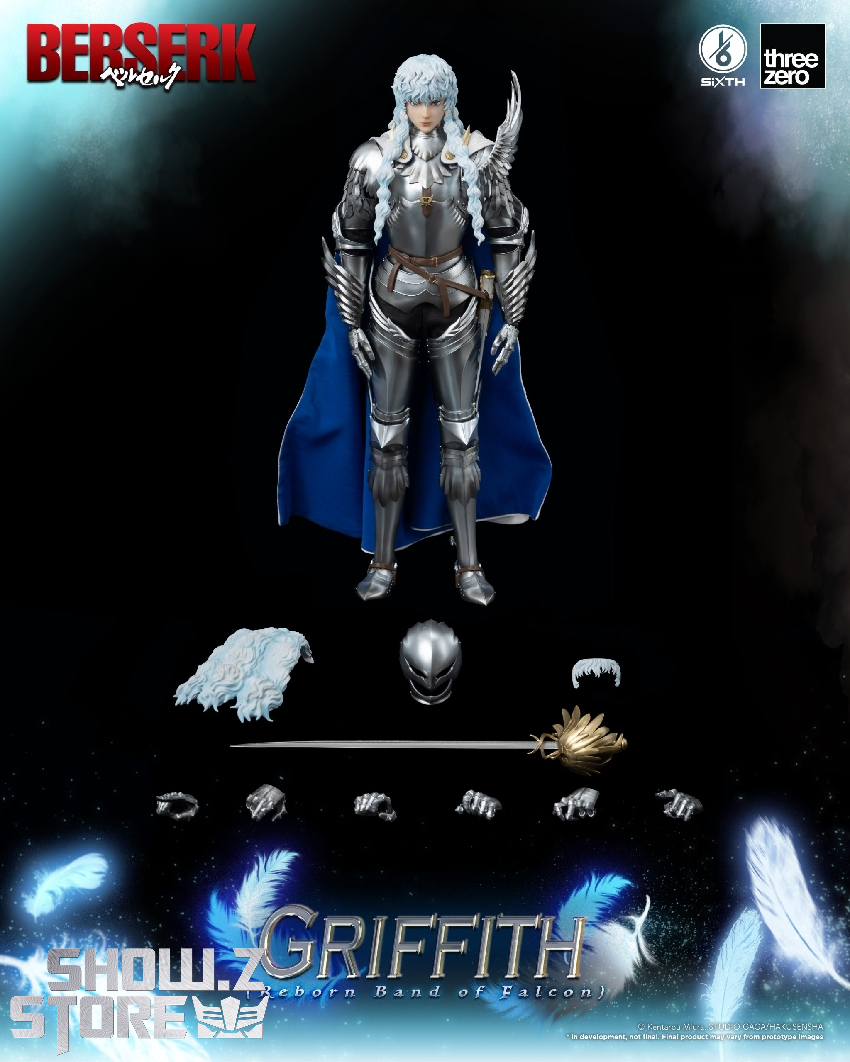Griffith armor suit figure standing heroically with long sword and dramatic white cape flowing Griffith armor suit figure standing heroically with long sword and dramatic white cape flowing