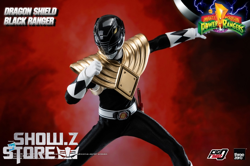 Dragon Shield Black Ranger in dynamic action pose with extended white gloved fist and armor Dragon Shield Black Ranger in dynamic action pose with extended white gloved fist and armor