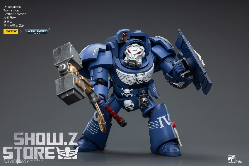 Ultramarines terminator with skull emblem wearing power armor suit Ultramarines terminator with skull emblem wearing power armor suit