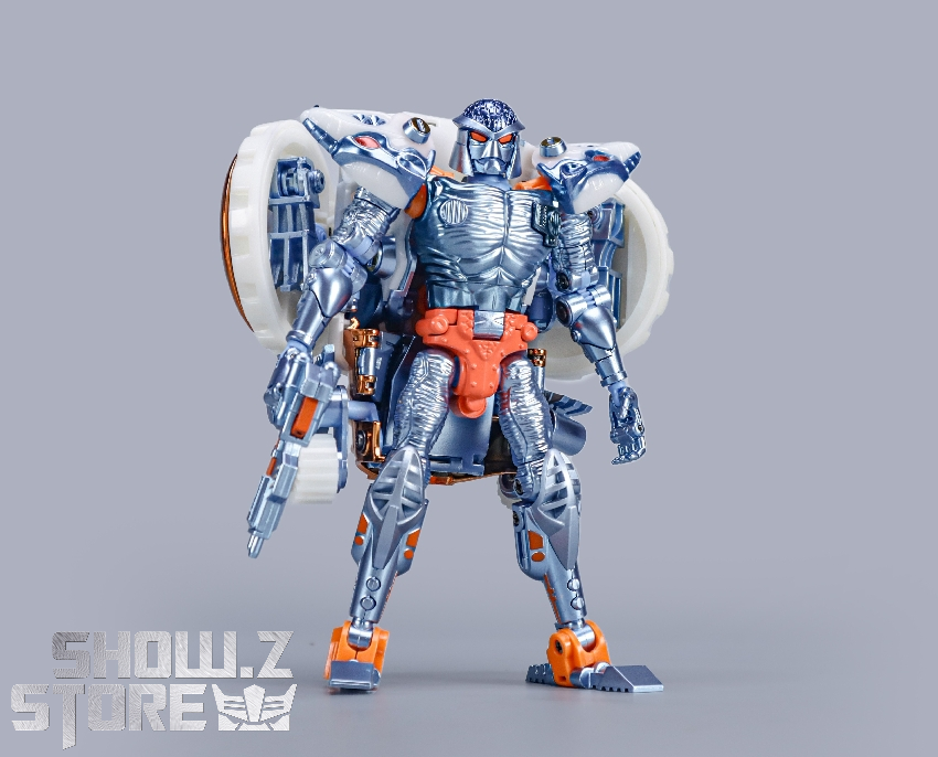 White blue rat beast form Transformers with orange details standing White blue rat beast form Transformers with orange details standing