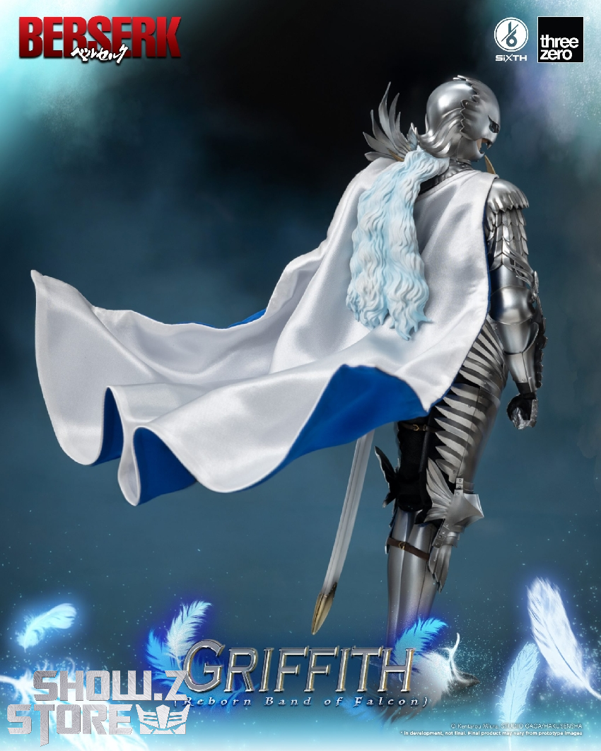 Griffith warrior in profile showing ornate silver armor details and elegant sword weapon positioning Griffith warrior in profile showing ornate silver armor details and elegant sword weapon positioning