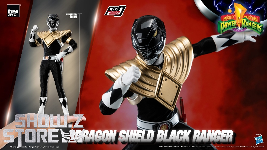 Dragon Shield Black Ranger in action pose with raised fist and detailed black gold costume Dragon Shield Black Ranger in action pose with raised fist and detailed black gold costume