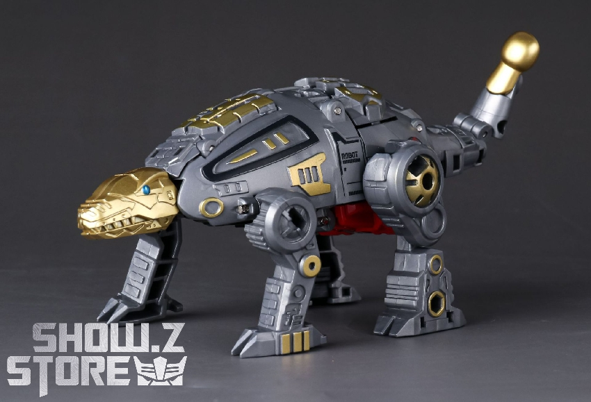 Black and yellow mechanical beast robot displayed with extended articulated arms and weapons Black and yellow mechanical beast robot displayed with extended articulated arms and weapons