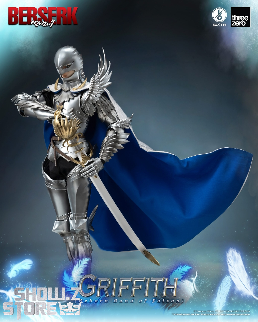 Griffith character with extended white cape and ornate armor suit in dramatic fighting stance Griffith character with extended white cape and ornate armor suit in dramatic fighting stance
