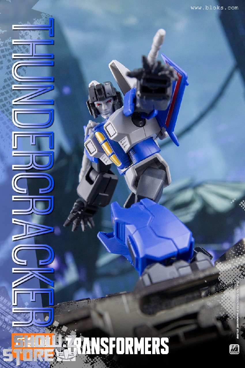 Blokees Transformers Galaxy robot figure displayed against blue sky background Blokees Transformers Galaxy robot figure displayed against blue sky background