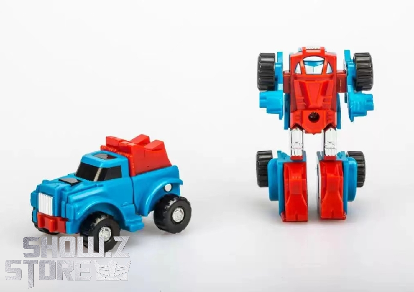 Blue vehicle mode and red robot mode transformation showing both configurations Blue vehicle mode and red robot mode transformation showing both configurations