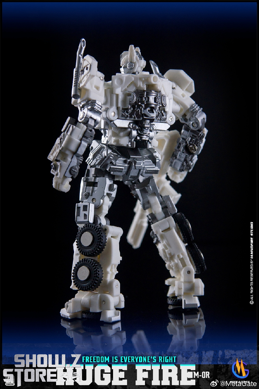 Metagate M-01R White Fire Optimus Prime robot mode with articulated armor and weapons Metagate M-01R White Fire Optimus Prime robot mode with articulated armor and weapons