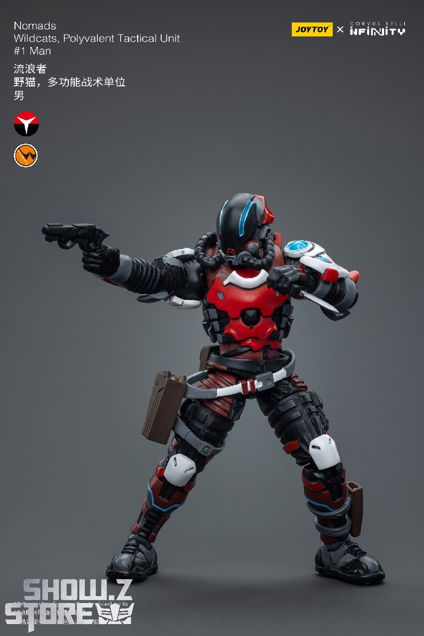 Armed combat figure in red and white gear holding weapons Armed combat figure in red and white gear holding weapons